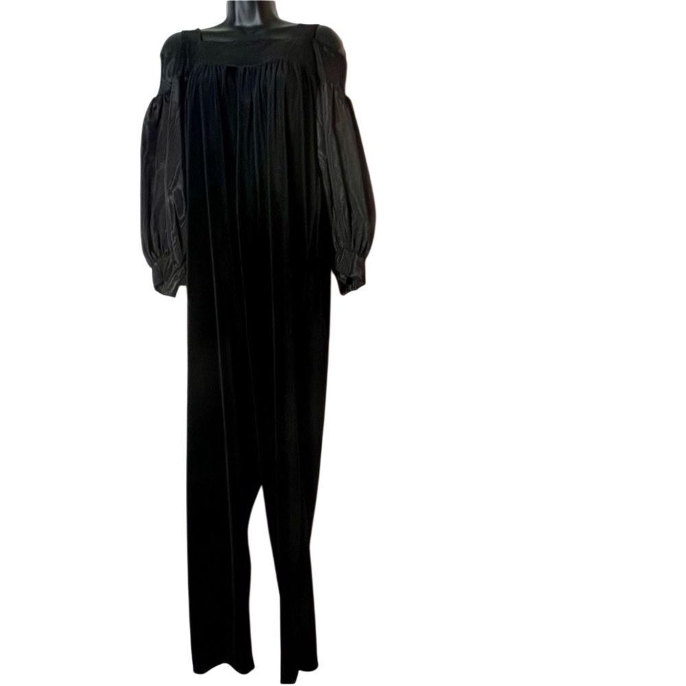 Vtg 1980s black velvet satin one Pc Balloon Puffy Full Zip jumpsuit Loungewear M